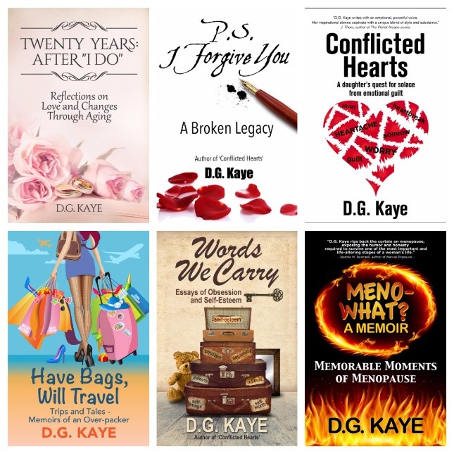 School Days, Reminiscences of Charli Mills Welcome to the School Days, Reminiscences series in which my champion bloggers and authors share reminiscences of their school days. It’s my small way of thanking them for their support and of letting you know about their services and publications. This week, I am pleased to introduce Debby Gies (D.G. Kaye), author and blogger extraordinaire. I can’t remember when or how I met Debby, but I do know that very early on I read and thoroughly enjoyed her travel memoir Have Bags, Will Travel. While Debby has done far more travel than I, there was much in her book with which I could identify. I remember laughing out loud in places, surprised to find there was someone else who shared similar obsessive behaviour. Debby is a prolific writer, mainly of memoir. I have read others of her books and never been disappointed. Her style is open, from the heart, and conversational. You could be having a chat with a best friend over coffee, sharing love, life and laughter. In fact, those are things we both have in our blog taglines. How could we not be friends? Since our first encounter, Debby has been a constant supporter of both my blogs, always dropping by to share some words of wisdom or encouragement — a true champion. But perhaps I should allow Debby to tell you a little of herself: Debby Gies is a Canadian non-fiction/memoir author who writes under the pen name of D.G. Kaye. D.G. is born, raised, and resides in Toronto, Canada. Kaye writes about her life experiences, matters of the heart, and women’s issues hoping to empower others. Why I write: I love to tell stories that have lessons in them and hope to empower others by sharing my own experiences. I write raw and honest, hoping that others can relate and find that we always have a choice to move from a negative space to a positive. We need only the courage to take the leap. Describe yourself in three words: Optimistic, funny, worry-wart. (Is that four words?) Best advice: If you can’t say something nice, don’t say anything at all. Never do something to someone you wouldn’t want done unto yourself. Welcome Debby. Now let’s talk school. First of all, could you tell us where you attended school? I’m born and raised in Toronto, Canada. I originally began grade 1 going to a parochial school. Before the school year ended, I was stamping my feet demanding I wanted to go to ‘real school’, lol, meaning public school. I got my wish and grade 2 was Kenton Drive Public School where I was thrilled to have Miss Jacobs for my teacher as she was very compassionate toward me. In middle of grade 4, we moved (again) and changed schools to Rockford Road Public School till grade 7 where I spent my 3 years at Fisherville Junior High. In grade 10 I went to high school at William Lyon Mackenzie Collegiate – far out of my living district, but considered higher academically than the one near my home. It was a half mile walk to the bus and 3 busses there and back a day throughout high school. After high school I moved away from home and began working and taking night school classes for business and accounting where I received diplomas, which proved useful for many of the secretarial and admin jobs I had through the years. I also became a certified travel agent and then proceeded back to University of Toronto to study voice and theory in music. Did you attend a government, private or independent school? They were all government schools. What is the highest level of education you achieved? High school diploma and the school of hard knocks. What work or profession did you choose after school and was there anything in school that influenced this choice? While in school I couldn’t make up my mind what I wanted to do. My initial goals were to become a journalist or a lawyer. I had the grades to do so but not the inspiration nor the encouragement to follow through. I worked in the clothing industry for a few years in my early twenties, started as a salesgirl, working my way up to managerial positions and buyer. The fashion bug hit me early. I then became an executive secretary for a general manager of the Carlton Inn Hotel – best job ever! And then I moved on to run an office for a construction company for a friend and later did the same work for an architectural firm. After ‘those days’ I went to ‘dealer’ school where I became a licensed blackjack and poker dealer and worked in the casino business until I met my husband. I also spent the better part of my twenties trying to catch a break in the music industry as a singer. Fun times in bands doing gigs. I recorded a demo tape, but eventually I gave up the dream. What is you earliest memory of school? My earliest memory of school was a kind teacher I had in kindergarten – Mrs. Wagner. She knew my emotional struggles and paid me extra attention. I came from a severely, ongoing, broken home situation and a few of these teachers I pointed out were like angels with radar. What memories do you have of learning to read? Honestly, I don’t have any memories of learning to read other than I loved reading. Nobody ever read to me at home and we didn’t have any books. I must have had some great teachers! What memories do you have of learning to write? I couldn’t wait how to learn to write. I do remember I began writing as soon as I learned how to write as a tool to release my thoughts and feelings. I wrote poems and love notes on scraps of paper and made cards. Some I gave to intended recipients – some I never showed a soul. What do you remember about math classes? I enjoyed math until high school and always had good grades, but I lost interest when we began learning physics and calculus. I much preferred English and French classes. Languages have always fascinated me. What was your favourite subject? It’s a toss up between history and geography. I loved to learn about other countries and cultures, even as a child. But I’ll have to go with geography, which I think stimulated my interest to travel. What did you like best about school? My teachers. I had developed several rapports with teachers in many grades. When I look back on those days, I know it had to do with the compassion and extra attention they gave me that I didn’t receive at home. What did you like least about school? I hated gym class. I was not an active child, more of a thinker than a doer. I didn’t like the ugly uniforms we wore that weren’t the least flattering, especially for girls carrying extra weight, and I didn’t enjoy sports. I was the proverbial girl chosen last when picking teams. Here’s the girl who always kept a high 80s average throughout high school until the year I actually failed gym, which cut into my good grade average. Seriously, who fails gym? How do you think schools have changed since your school days? Oh my, that’s a loaded question. Even though I never had children, I’m quite aware how much the system has changed. There have been many cutbacks in after school programs, classrooms have too many students in them, and I hear complaints from parents that their kids are inundated with homework nowadays. Not to mention, the whole computer era that wasn’t our world then. The saddest thing I think that’s happening is the decision to no longer teach cursive writing. How on earth can they not teach that anymore? It’s sad the art of letter writing is on its way out with time. It also makes me wonder if children will even learn how to sign their name where print doesn’t cut it. What do you think schools (in general) do well? I’m not too familiar with what’s happening nowadays in classrooms, but I do know from having a 7-year-old great niece and having picked her up from school a few times, the system for safety seems to be excellent before picking up children from school. I must sign in, and my niece (her mother) must call the school to alert them someone else will be picking up her child. How do you think schools could be improved? They could definitely use more government funding, more teachers, more after school programs, and more benefits for the children whose families can’t afford supplies and books for their kids, and for field trips. [thank you] Thank you for sharing your reminiscences of school and thoughts about education in general, Debby. It’s pleasing to know that you enjoyed school and that you had compassionate teachers who helped you blossom. It’s been wonderful to have you here. I learned so much I didn’t already know about you. Find out more about Debby Gies (D.G. Kaye) and connect with her on social media or any of her author and blog pages www.dgkayewriter.com www.goodreads.com/dgkaye www.amazon.com/author/dgkaye7 www.twitter.com/@pokercubster (Of course there’s a story to this name!) www.facebook.com/dgkaye www.linkedin.com/in/DGKaye7 www.mewe.com/i/debbygies www.instagram.com/dgkaye www.pinterest.com/dgkaye7 Debby invites you to come join our Literary Diva’s Library Facebook group for writers and authors And our #ABRSC -Authors/bloggers rainbow support club. We are also on Mewe - https://mewe.com/join/theliterarydivashangout BOOKLINKS: [image] Conflicted Hearts [image] MenoWhat? A Memoir [image] Words We Carry [image] Have Bags, Will Travel [image] P.S. I Forgive You [image] Twenty Years: After “I Do” Visit me at my Amazon Author Page [books] If you missed previous reminiscences, check them out here: Charli Mills Sally Cronin Anne Goodwin Geoff Le Pard Hugh W. Roberts Look for future interviews in this series to be posted on Sunday evenings AEST. Coming soon: Pauline King Jules Paige D. Avery With more to follow. Note that, as next Sunday is Easter Sunday, I won’t be posting an interview. Pauline’s interview will be posted on 28 April. See you then. [thank you] Thank you for reading. I appreciate your comments. Please share your thoughts. 